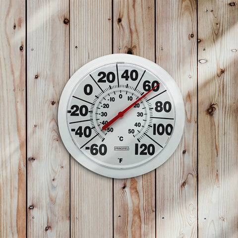 Wireless Indoor Outdoor Dial Thermometer With An 8 Inch Display For Patio Pool And Indoor Use Weather Resistant White Shows Easy To Read Large Numbers From Minus 60 To 120 Degrees Fahrenheit. White round dial thermometer mounted on wood wall, 8-inch display, red needle