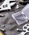 Six stainless steel extension springs, 1/2 in diameter by 1-1/2 in long, in clear plastic storage case
