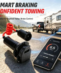 Wireless Bluetooth Trailer Brake Controller With 7 Pin Connector Plug for smartphone braking control near a truck and trailer.