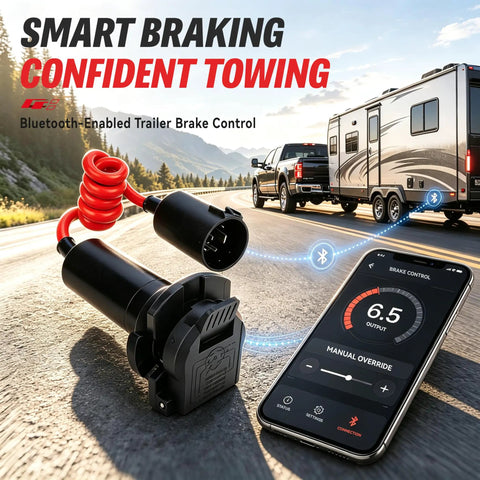 Wireless Bluetooth Trailer Brake Controller With 7 Pin Connector Plug for smartphone braking control near a truck and trailer.