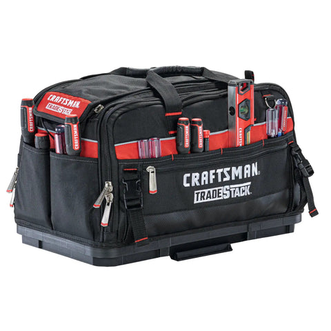 TradeStack Tool Bag With Wide Opening Dual Sided Access, Ultra Durable 1680 Denier Polyester filled with tools, waterproof base