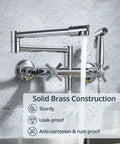 Wall Mount Kitchen Faucet With 360 Degree Rotating Spout Folding Design 17 Inch Reach Side Sprayer And 2 Handle Pot Filler