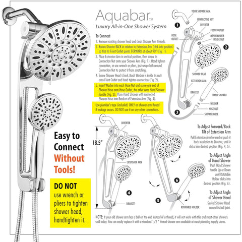 Diagram of High Pressure Shower Spa Kit With 48 Modes 3 Way Diverter And 18 Inch Extension Arm All Chrome Finish Rain Head And Handheld Shower Set