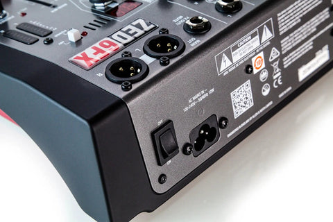 Back view of Six Channel Compact Live Mixer with Guitar DI High Impedance Inputs and GS Pre Preamps Durable Metal Chassis