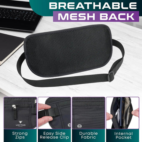 RFID Blocking Travel Money Belt And Passport Holder with breathable mesh back and adjustable strap, shown on table.
