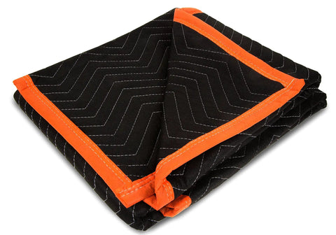 Heavy Duty Padded Moving Blankets 72-Inch By 40-Inch 6-Pack For Moving Day Protection, black with orange trim, folded view.