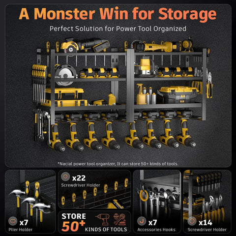 Beefed Up Heavy Duty Power Tool Organizer Wall Mount With Four Layer Drill Holder And Garage Tool Rack Alloy Steel Wall Shelf For Cordless Drill Charging Station And Accessories Ultra Durable Metal Storage Solution