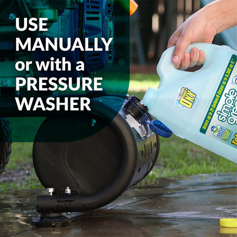 Person pouring Oxy Solve Total Outdoor Cleaner Concentrate For Pressure Washer And Manual Use Peroxide Powered Cleaner For Wood Concrete Vinyl Brick Siding And More EPA Safer Choice into pressure washer