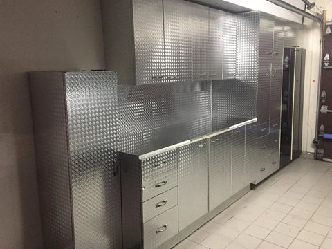 Garage cabinets covered with Diamond Plate Vinyl Wrap Roll With Anti Slip Traction Pattern Metallic Chrome Finish Self Adhesive Silver Sheet