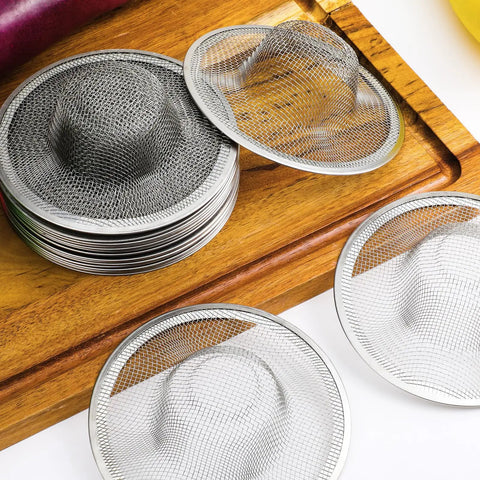 Heavy Duty Mesh Sink Strainers 40 Pack Stainless Steel Drain Screens Size 4 5 Inch stacked on wood, for kitchen and bathroom use.