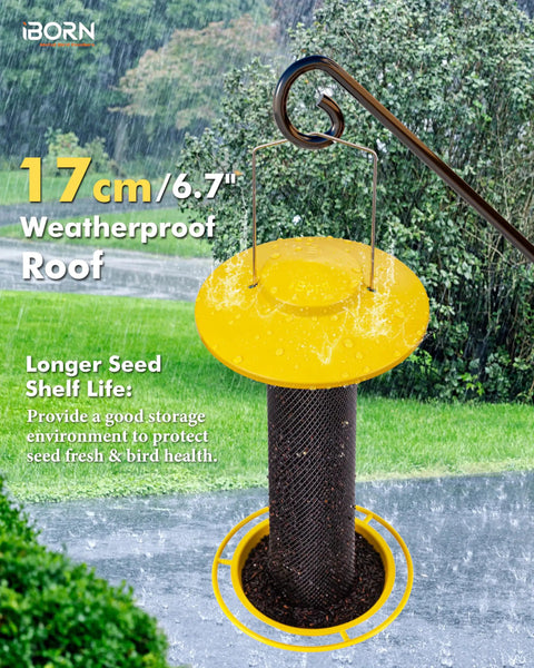 Outdoor Finch Feeder For Nyjer Seed Tube With Metal Mesh 13 Inch Length Weatherproof Roof And Tray 2 Lb Capacity Hanging Bird Feeder For Backyards Yellow in rain.