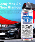 Spray Max 2K Clear Glamour aerosol can with bundled trigger for automotive high-gloss clear coat (front view).