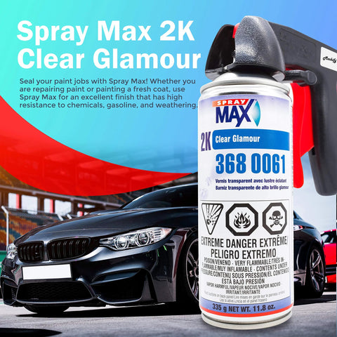 Spray Max 2K Clear Glamour aerosol can with bundled trigger for automotive high-gloss clear coat (front view).
