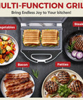 AshGlen White Ceramic Mini Panini Press Grill that Heats Fast for Two Sandwiches or Burgers at Once, with grilled vegetables, patties, steak, and bacon.