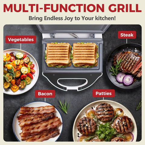 AshGlen White Ceramic Mini Panini Press Grill that Heats Fast for Two Sandwiches or Burgers at Once, with grilled vegetables, patties, steak, and bacon.
