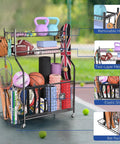 Garage Gear Sports Organizer With Hooks And Bins, Large Capacity Ball Storage Rack For Football Soccer Baseball Bat Toys