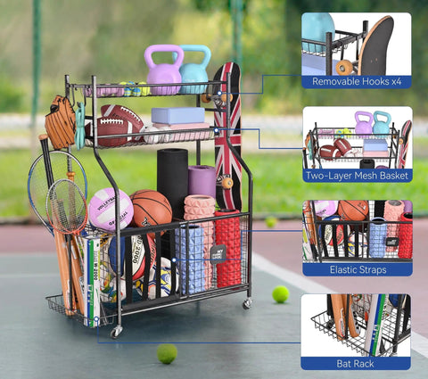 Garage Gear Sports Organizer With Hooks And Bins, Large Capacity Ball Storage Rack For Football Soccer Baseball Bat Toys