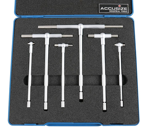 Front view of Accusize 6-piece telescoping gage set, satin chrome, 5/16–6 in, in blue case
