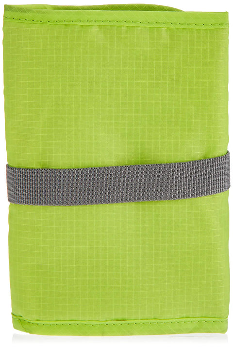 Tech Accessory Organizer For Laptop Tablet And Phone Gear, lime ripstop material, folded with adjustable closure strap visible