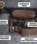 Close-up of brown Tough As Nails Heavy Duty 19 Pocket Tool Belt and Work Apron with black poly webbing and reinforced stitching.