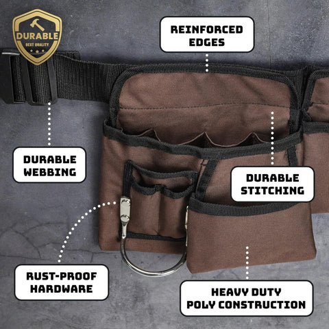 Close-up of brown Tough As Nails Heavy Duty 19 Pocket Tool Belt and Work Apron with black poly webbing and reinforced stitching.