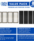 Value Pack Air Purifier Filter Set for HEPAClean Series HHT Models - 4 HEPA and 4 pre-filters displayed with features