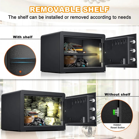Fingerprint Fireproof Home Safe with removable shelf for cash, jewelry, and valuables with biometric lock, 1.0 cubic feet capacity.