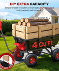 Heavy Duty Garden Dump Cart For Yard Farm And Garden Hauling With 900 Lb Capacity And 10 Inch Non Slip Pneumatic Tires Quick Release System Four Wheel Steel Frame Wagon For Easy Transport And Heavy Load Hauling shown with wooden slats and logs.