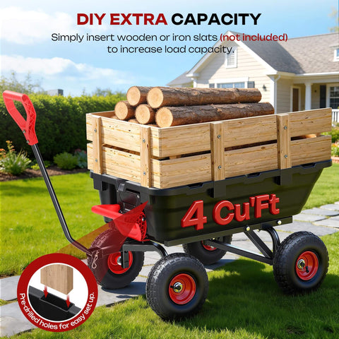 Heavy Duty Garden Dump Cart For Yard Farm And Garden Hauling With 900 Lb Capacity And 10 Inch Non Slip Pneumatic Tires Quick Release System Four Wheel Steel Frame Wagon For Easy Transport And Heavy Load Hauling shown with wooden slats and logs.