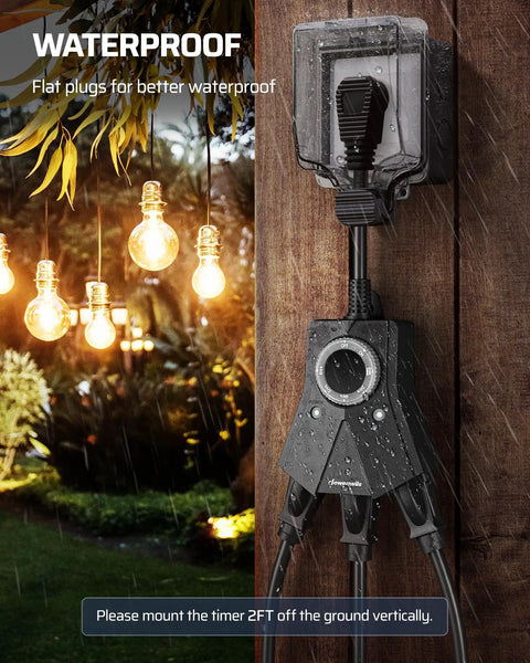Weatherproof Outdoor Light Timer Featuring Automatic Dusk To Dawn Sensor And Triple Prong Outlet For Steady Porch Lighting That Runs Smoothly No Matter What mounted vertically with flat plugs in rain.