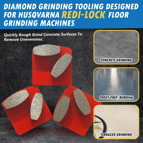 Redi Lock Concrete Grinding Discs Set Of 3 Medium Bond 30 40 Grit Wet Or Dry Use Fits Husqvarna Walk Behind Grinders PG 280 400 450 530 680 820 Pro Grade, Long Lasting Diamond Metal Bond