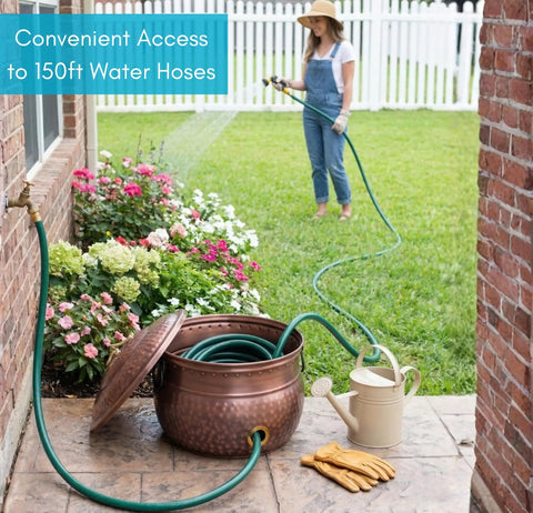 Water Hose Holder With Lid Ground Garden Hose Pot For Indoor And Outdoor Use Copper Accents Steel Construction With Handle Decorates Patio Or Deck Keeps Hose Neat Protected And Ready To Go next to garden and woman watering plants