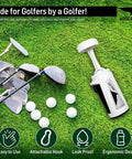 Portable Golf Ball Cleaner For On Course Use Personal Ball Washer on grass beside golf clubs and balls