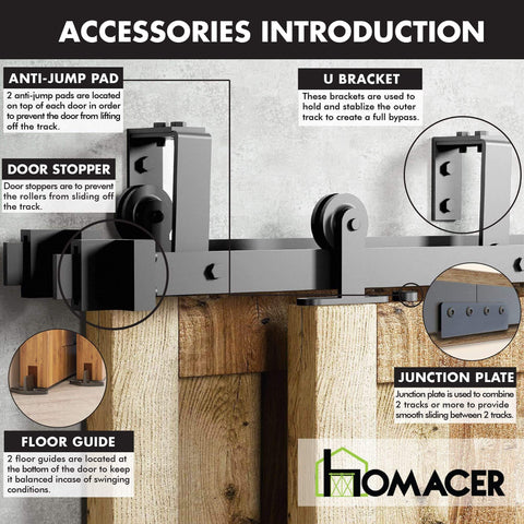 Accessories for Black Rustic Double Track U Shape Bypass Sliding Barn Door Hardware Kit For Two Doors 6.6ft Long Flat Track.
