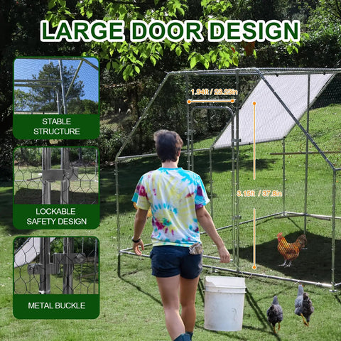 Person entering large outdoor walk-in metal chicken coop with cover and perch. Large door design highlighted with chickens inside.