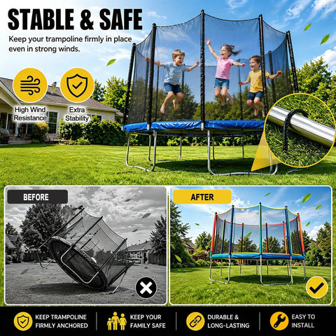 Children playing on a trampoline secured by Heavy Duty Trampoline Stakes Anchors 12 Inch Ground Anchors With T Hook 8 Pack