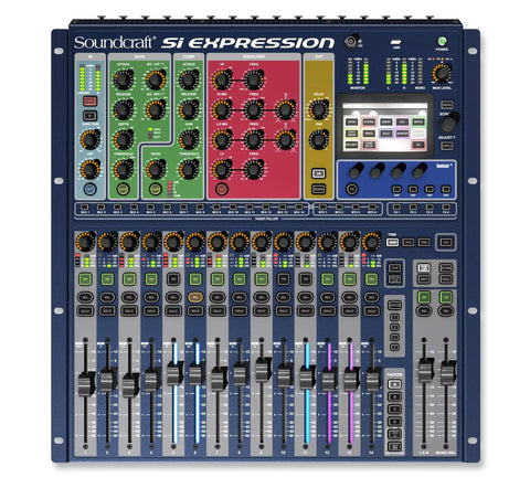 Top view of Si Expression 1 Digital 16 Channel Live Audio Mixer Console With Dope Fader Setup And 64 x 64 IO Expansion Via ViSi Connect Card.