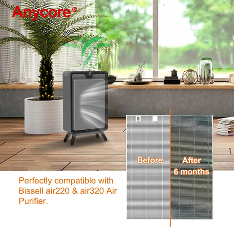 Bissell Air320/Air220 air purifier next to filter comparison showing before and after 6 months use.