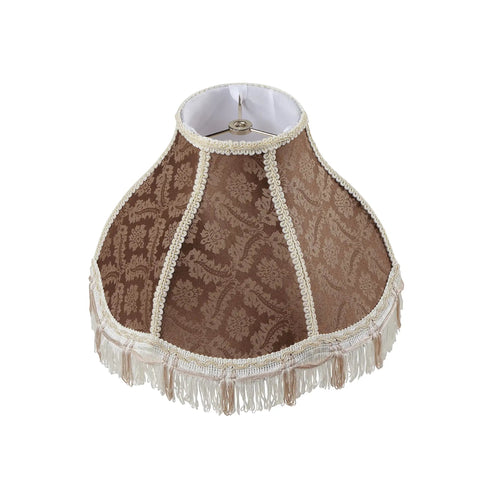 Handsewn Scallop Dome Lamp Shade With Fringe In Dope Brown Jacquard Textured Fabric, 5 Inch Top, 13 Inch Bottom, 9.5 Inch Slant