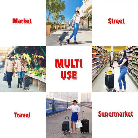 Sport Foldable Grocery Cart On Wheels With Removable Tote Bag Multi Use Rolling Cart And Hand Truck Dolly Function shown in various settings