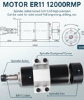 Diagram and photo of Beefy 500W CNC Air Cooled Spindle Motor With ER11 Chuck 12000 RPM showing dimensions and labeled parts.