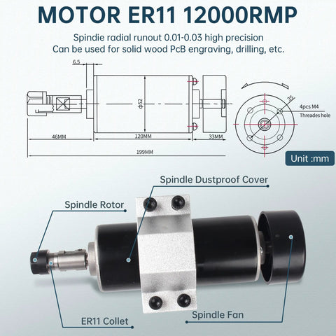 Diagram and photo of Beefy 500W CNC Air Cooled Spindle Motor With ER11 Chuck 12000 RPM showing dimensions and labeled parts.