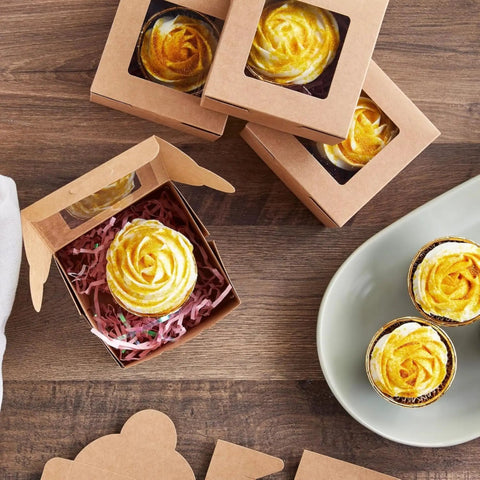 Heavy Duty Brown Cardboard Cookie Boxes With Clear Viewing Window Four By Four Inch Pastry Containers For Cupcakes Mini Pies And Sweet Treats Fifty Pack Straight Up Quality Bakers Packing