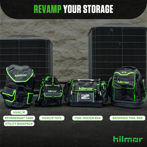 Black and green HVAC Tool Tote Bag With 27 Pockets And 13 Inch Size alongside other HVAC bags in front of HVAC units