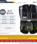 Ten Pocket High Visibility Safety Vest With Zipper Front Black Reflective Strips Breathable Polyester Lightweight Machine Washable Meets ANSI ISEA Standards Ideal For Construction Outdoors, size chart displayed