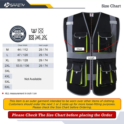 Ten Pocket High Visibility Safety Vest With Zipper Front Black Reflective Strips Breathable Polyester Lightweight Machine Washable Meets ANSI ISEA Standards Ideal For Construction Outdoors, size chart displayed