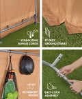 Features of 10x8ft Outdoor Storage Shed With Dual Roll Up Doors And Weather Resistant Metal Frame In Tan, easy assembly and hooks details