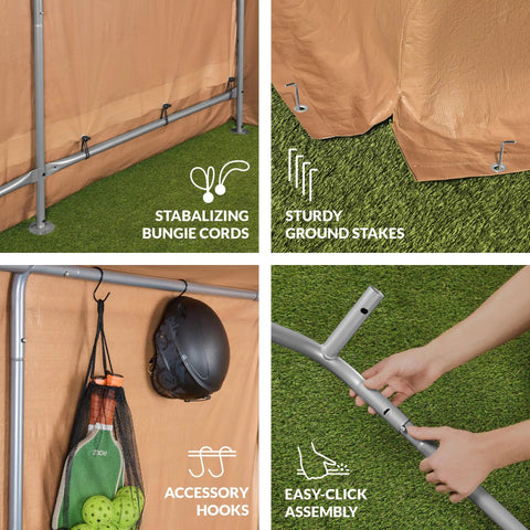 Features of 10x8ft Outdoor Storage Shed With Dual Roll Up Doors And Weather Resistant Metal Frame In Tan, easy assembly and hooks details