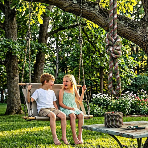 Children on swing using Half Inch By One Hundred Foot Static Polyester Arborist Rope With 9000 Lbs MBS And 48 Strands Beast Of A Rope