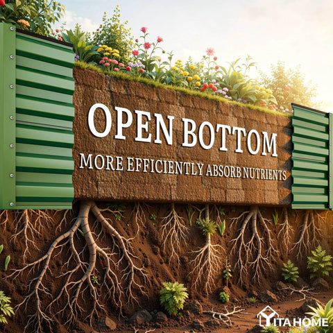 Cross-section of 8x4x2ft Large Raised Garden Bed Kit With Galvanized Metal Planter Box showing open bottom and nutrient absorption